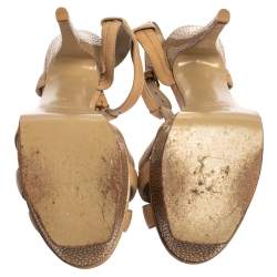 Saint Laurent Beige Leather and Textured Leather Ankle Strap Platform Sandals Size 40 