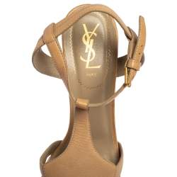 Saint Laurent Beige Leather and Textured Leather Ankle Strap Platform Sandals Size 40 