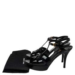 Pre Owned صندل سان لوران سير كاحل نعل سميك تربيوت جلد لامع أسود مقاس 39