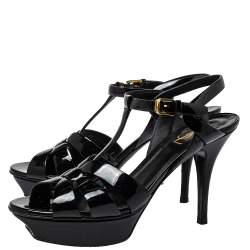 Pre Owned صندل سان لوران سير كاحل نعل سميك تربيوت جلد لامع أسود مقاس 39