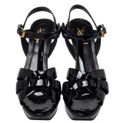 Pre Owned صندل سان لوران سير كاحل نعل سميك تربيوت جلد لامع أسود مقاس 39