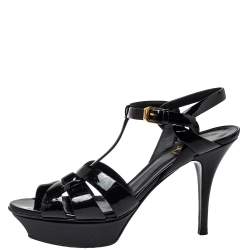 Pre Owned صندل سان لوران سير كاحل نعل سميك تربيوت جلد لامع أسود مقاس 39