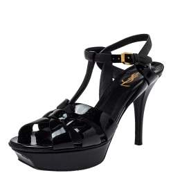 Pre Owned صندل سان لوران سير كاحل نعل سميك تربيوت جلد لامع أسود مقاس 39