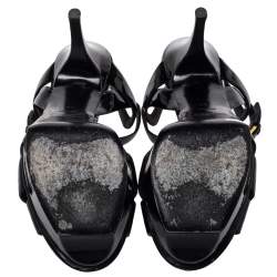 Pre Owned صندل سان لوران سير كاحل نعل سميك تربيوت جلد لامع أسود مقاس 39