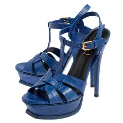 مملوكة مسبقًا صندل سان لوران تريبوت سير كاحل جلد نقشة التمساح أزرق مقاس 36.5