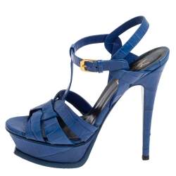 مملوكة مسبقًا صندل سان لوران تريبوت سير كاحل جلد نقشة التمساح أزرق مقاس 36.5