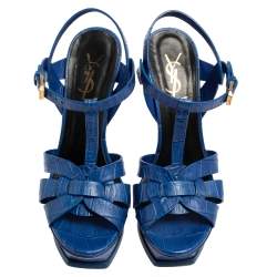 مملوكة مسبقًا صندل سان لوران تريبوت سير كاحل جلد نقشة التمساح أزرق مقاس 36.5