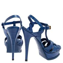 مملوكة مسبقًا صندل سان لوران تريبوت سير كاحل جلد نقشة التمساح أزرق مقاس 36.5