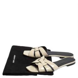 Pre Owned Saint Laurent Cream Patent Leather Tribute Flats Size 37