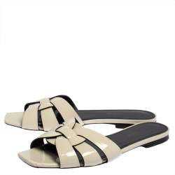 Pre Owned Saint Laurent Cream Patent Leather Tribute Flats Size 37