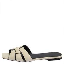 Pre Owned Saint Laurent Cream Patent Leather Tribute Flats Size 37