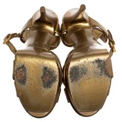 Pre Owned صندل سان لوران تريبوت سير كاحل جلد ذهبي مقاس 38