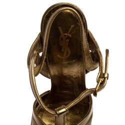 Pre Owned صندل سان لوران تريبوت سير كاحل جلد ذهبي مقاس 38