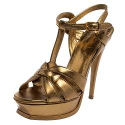 Pre Owned صندل سان لوران تريبوت سير كاحل جلد ذهبي مقاس 38