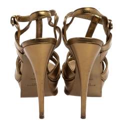 Pre Owned صندل سان لوران تريبوت سير كاحل جلد ذهبي مقاس 38