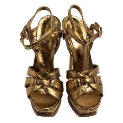 Pre Owned صندل سان لوران تريبوت سير كاحل جلد ذهبي مقاس 38
