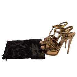 Pre Owned صندل سان لوران تريبوت سير كاحل جلد ذهبي مقاس 38