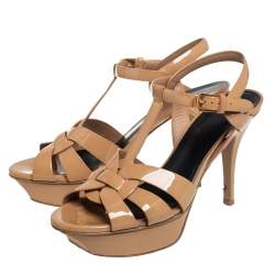 Pre Owned Saint Laurent Beige Patent Leather Tribute Platform Ankle Strap Sandals Size 36.5