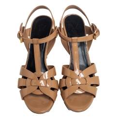 Pre Owned Saint Laurent Beige Patent Leather Tribute Platform Ankle Strap Sandals Size 36.5