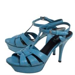 Pre Owned Saint Laurent Blue Leather Tribute Sandals Size 38