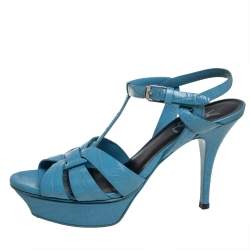 Pre Owned Saint Laurent Blue Leather Tribute Sandals Size 38