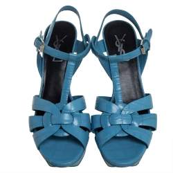 Pre Owned Saint Laurent Blue Leather Tribute Sandals Size 38