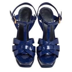 Pre Owned صندل سان لوران تريبيوت جلد أزرق لامع مقاس 36