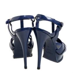 Pre Owned صندل سان لوران تريبيوت جلد أزرق لامع مقاس 36