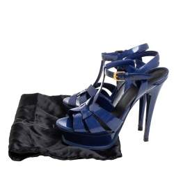 Pre Owned صندل سان لوران تريبيوت جلد أزرق لامع مقاس 36