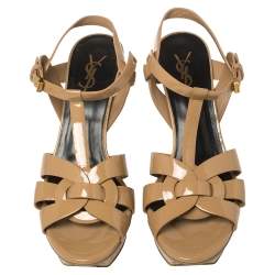 مملوكة مسبقًا Saint Laurent Beige Patent Leather Tribute Sandals Size 38.5
