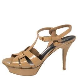 مملوكة مسبقًا Saint Laurent Beige Patent Leather Tribute Sandals Size 38.5