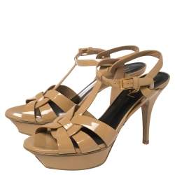 مملوكة مسبقًا Saint Laurent Beige Patent Leather Tribute Sandals Size 38.5