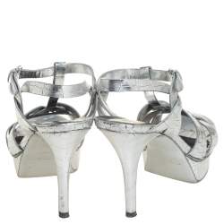 Pre Owned صندل سان لوران تريبوت جلد نقشة التمساح فضي نعل سميك سير كاحل مقاس 37.5