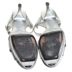 Pre Owned صندل سان لوران تريبوت جلد نقشة التمساح فضي نعل سميك سير كاحل مقاس 37.5