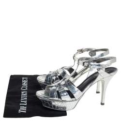 Pre Owned صندل سان لوران تريبوت جلد نقشة التمساح فضي نعل سميك سير كاحل مقاس 37.5