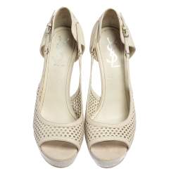 Saint Laurent Off White Perforated Leather Platform Open Toe Pumps Size 37