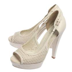 Saint Laurent Off White Perforated Leather Platform Open Toe Pumps Size 37