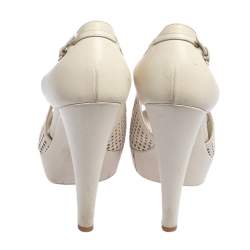 Saint Laurent Off White Perforated Leather Platform Open Toe Pumps Size 37