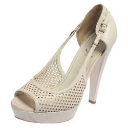 Saint Laurent Off White Perforated Leather Platform Open Toe Pumps Size 37