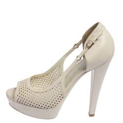 Saint Laurent Off White Perforated Leather Platform Open Toe Pumps Size 37
