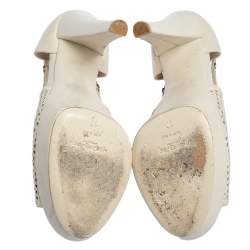 Saint Laurent Off White Perforated Leather Platform Open Toe Pumps Size 37