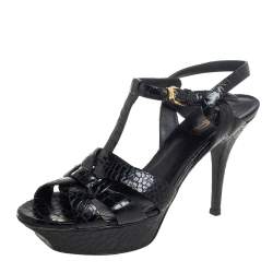 مملوكة مسبقًا Saint Laurent Croc Embossed Leather Tribute Platform Ankle Strap Sandals Size 38
