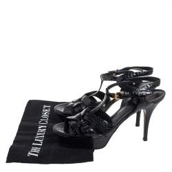 مملوكة مسبقًا Saint Laurent Croc Embossed Leather Tribute Platform Ankle Strap Sandals Size 38