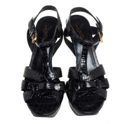 مملوكة مسبقًا Saint Laurent Croc Embossed Leather Tribute Platform Ankle Strap Sandals Size 38