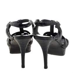 مملوكة مسبقًا Saint Laurent Croc Embossed Leather Tribute Platform Ankle Strap Sandals Size 38