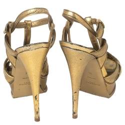 Pre Owned صندل سان لوران تريبيوت جلد بنقشة السحلية ذهبي مقاس 36