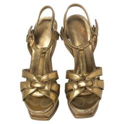 Pre Owned صندل سان لوران تريبيوت جلد بنقشة السحلية ذهبي مقاس 36