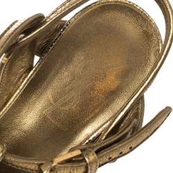 Pre Owned صندل سان لوران تريبيوت جلد بنقشة السحلية ذهبي مقاس 36