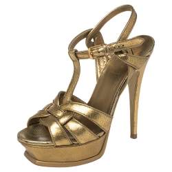 Pre Owned صندل سان لوران تريبيوت جلد بنقشة السحلية ذهبي مقاس 36