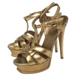 Pre Owned صندل سان لوران تريبيوت جلد بنقشة السحلية ذهبي مقاس 36